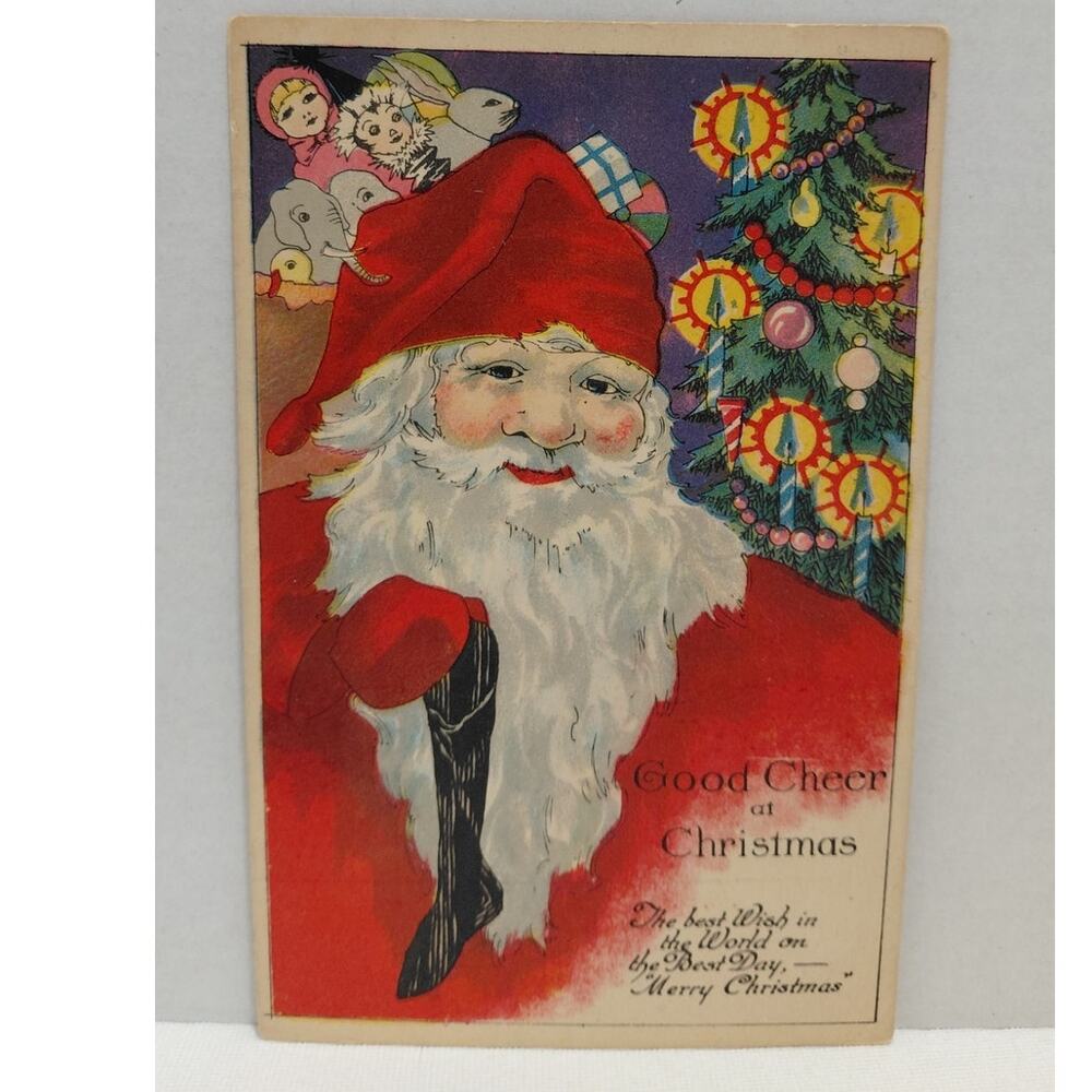 Antique Christmas Postcard Santa Claus Holding a Black Stocking Unposted Divided